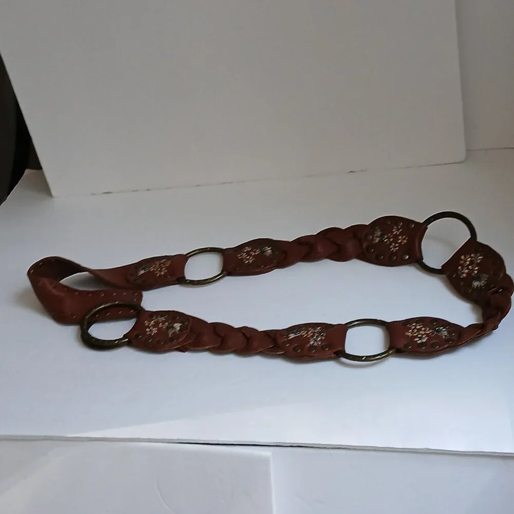 Vintage Brown  Studded Leather Embroidered Floral Beaded  Brass Ring Belt